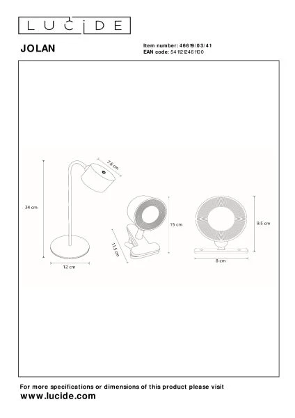 Lucide JOLAN - Rechargeable Desk lamp - Battery pack - LED Dim to warm - 1x3,5W 2700K/5700K - Taupe - technical